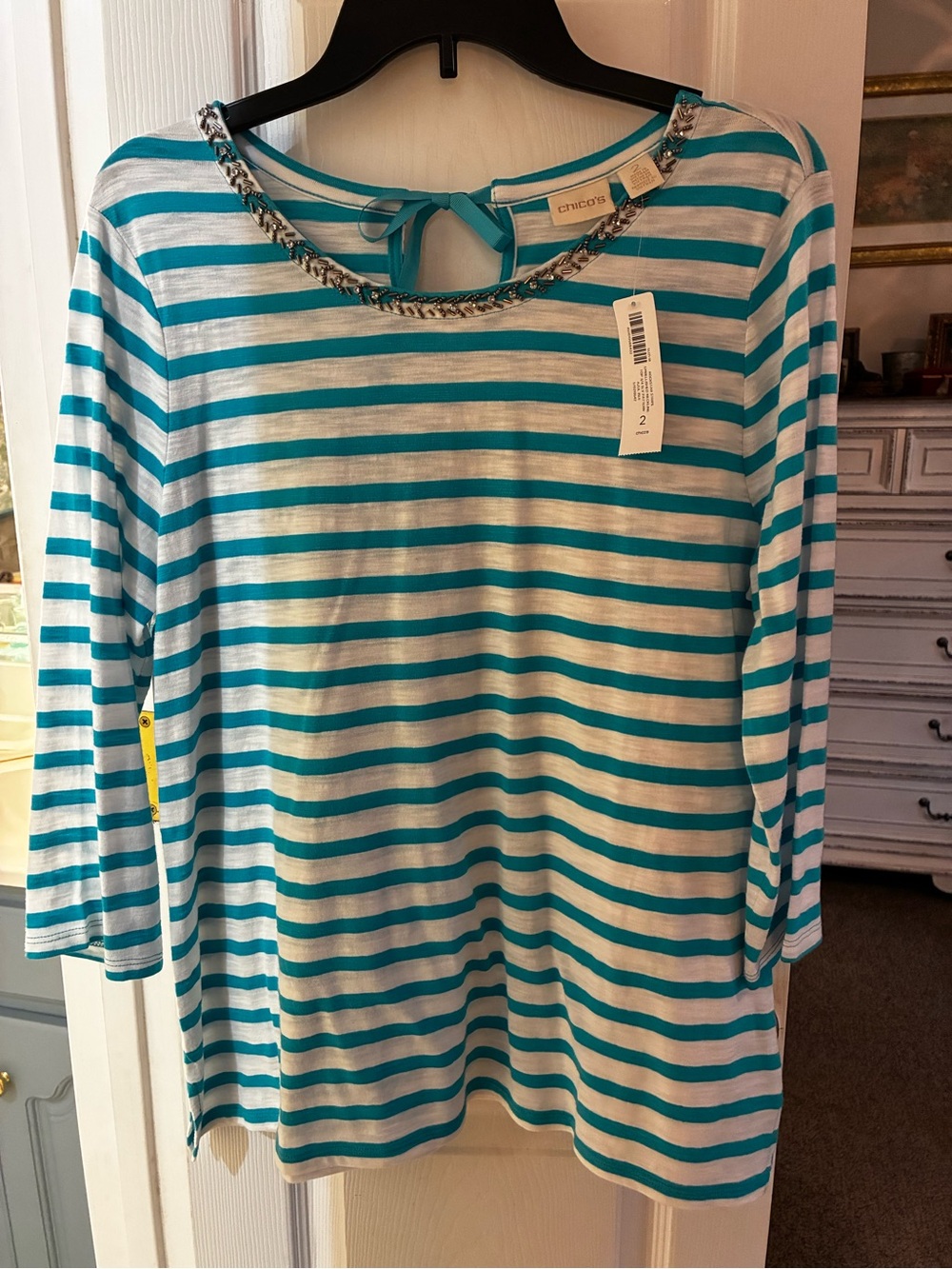 NWT Chico's Bright Blue and White Striped Top with Beaded Trim SZ 2/L